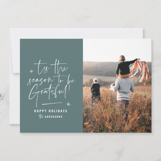 Moderne script dankbaar fotovakantie feestdagenkaart (Voorkant)