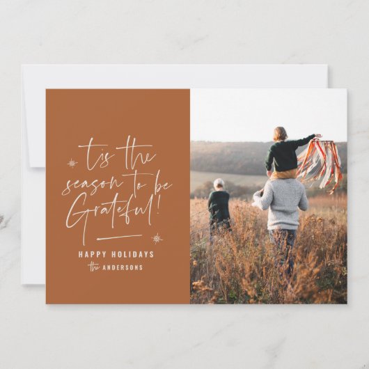Moderne script dankbaar fotovakantie feestdagenkaart (Voorkant)