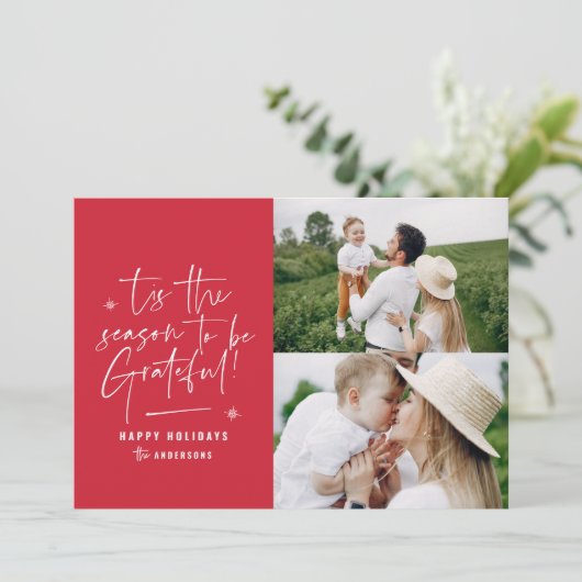 Moderne script dankbaar fotovakantie feestdagenkaart (Staand voorkant)