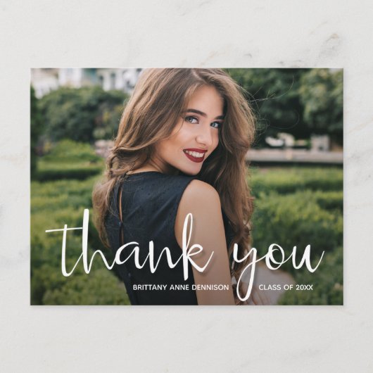 Moderne Script Dankjewel Foto Afstuderen Briefkaart (Voorkant)