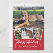 Moderne Script Dog Photo Collage Red Holiday Card Feestdagenkaart (Voorkant)