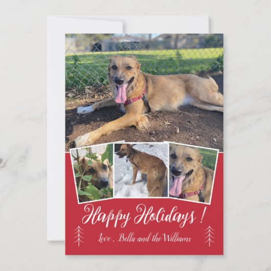 Moderne Script Dog Photo Collage Red Holiday Card Feestdagenkaart (Voorkant)