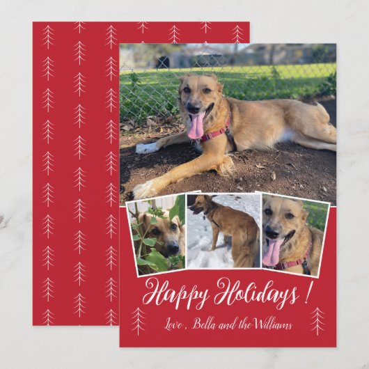 Moderne Script Dog Photo Collage Red Holiday Card Feestdagenkaart (Voorkant / Achterkant)