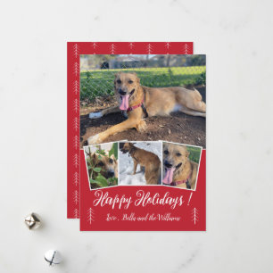 Moderne Script Dog Photo Collage Red Holiday Card Feestdagenkaart
