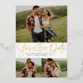 Moderne script drie foto's goud save the date folie uitnodiging (Voorkant)