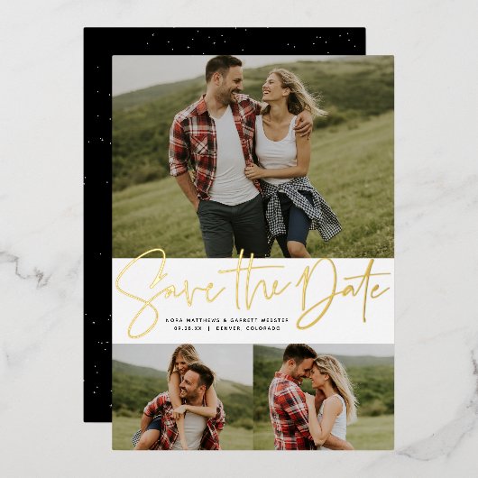 Moderne script drie foto's goud save the date folie uitnodiging (Voorkant / Achterkant)