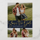 Moderne script drie foto's navy save the date folie uitnodiging (Voorkant)