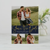 Moderne script drie foto's navy save the date folie uitnodiging (Staand Voorkant)