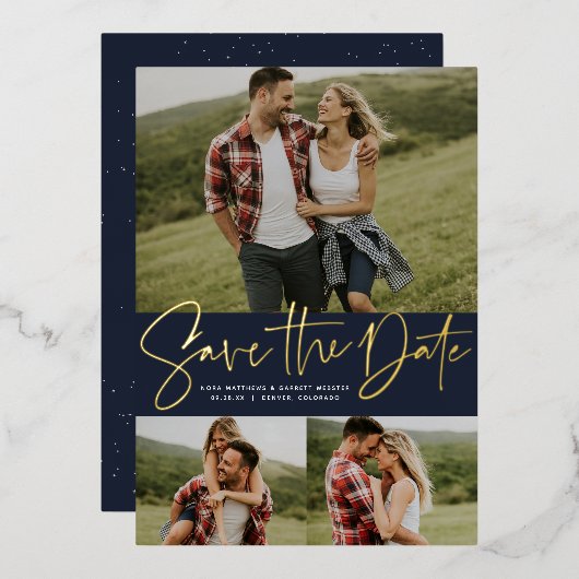 Moderne script drie foto's navy save the date folie uitnodiging (Voorkant / Achterkant)