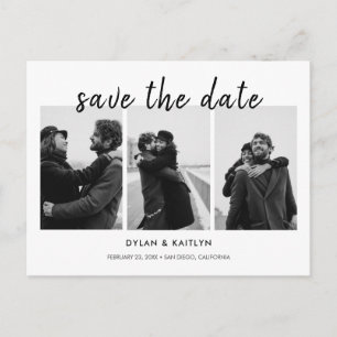Moderne script drie foto's save the date briefkaart