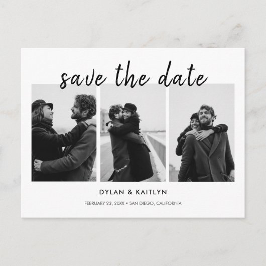Moderne script drie foto's save the date briefkaart (Voorkant)