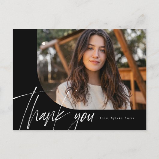 Moderne script één foto zwart afstudeer bedankt briefkaart (Voorkant)