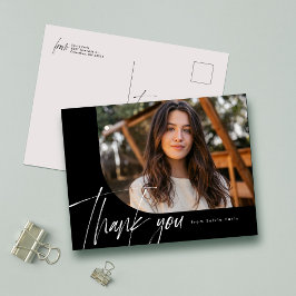 Moderne script één foto zwart afstudeer bedankt briefkaart