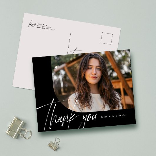 Moderne script één foto zwart afstudeer dank je briefkaart