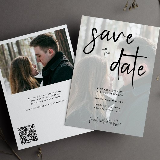 Moderne script eenvoudige foto QR-code bruiloft Save The Date