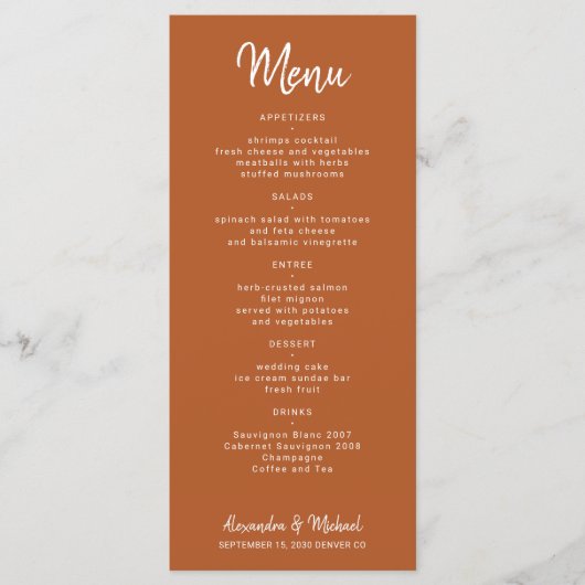 Moderne script, eenvoudige terracotta bruiloft menu (Voorkant)