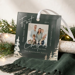 Moderne Script Eerste Kerstmis in Nieuwe Thuis Fot Glas Ornament