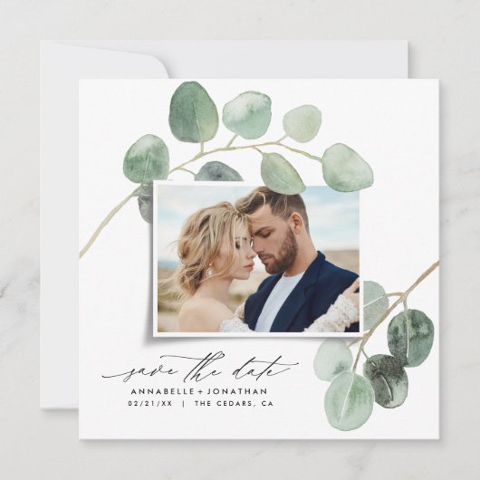 Moderne script elegant  foto eucalyptus kaart (Voorkant)