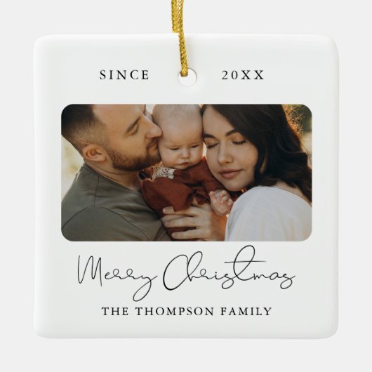 Moderne Script Elegant Merry-kerstfoto Keramisch Ornament (Voorkant)