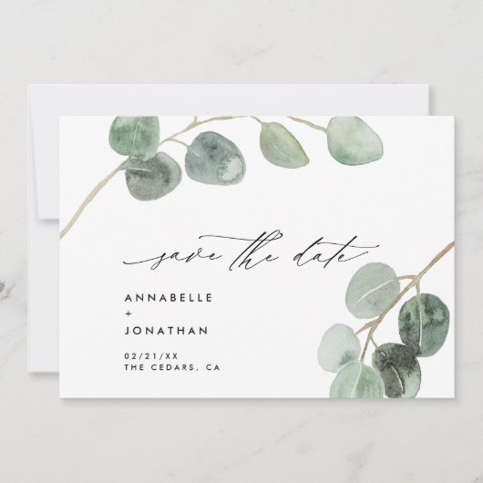 Moderne script elegant  niet-fotoeucalyptus kaart (Voorkant)