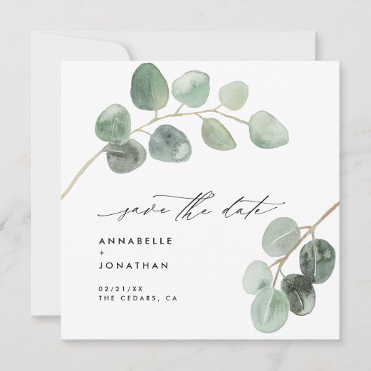 Moderne script elegant niet-fotoeucalyptus kaart (Voorkant)