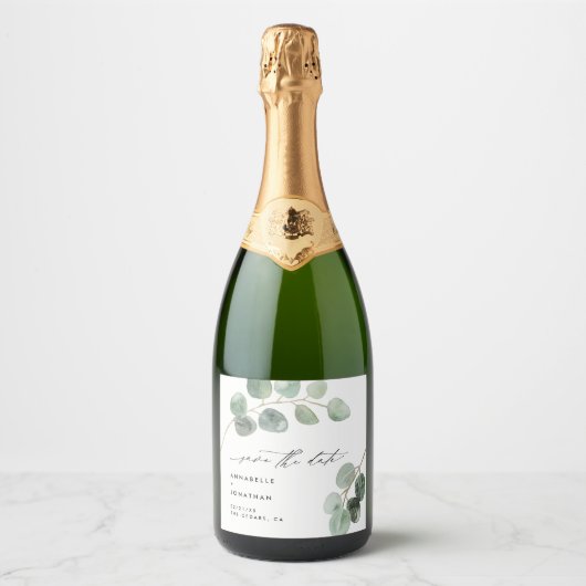 Moderne script elegant  non-hoto eucalyptus sparkling wijnetiket (Voorkant)