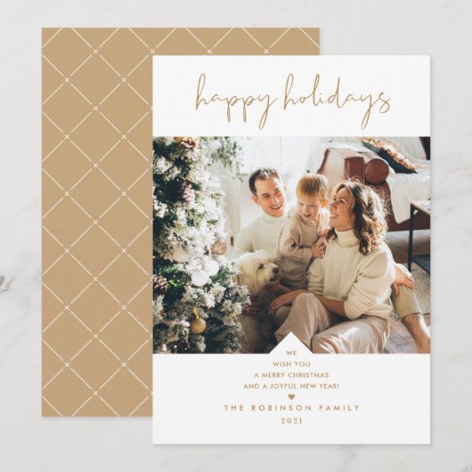Moderne Script Elegant White Gold-kerstfoto Feestdagenkaart (Voorkant / Achterkant)