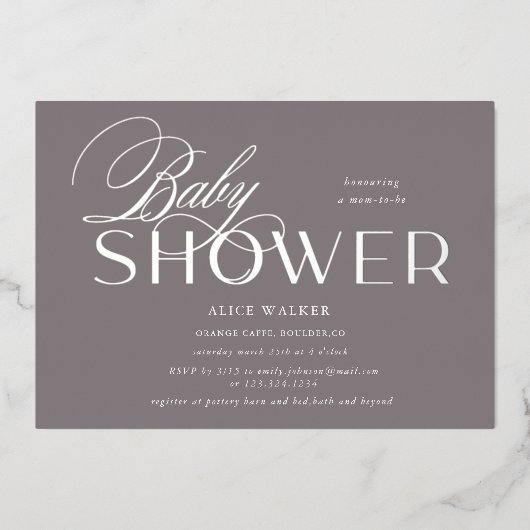 moderne script elegante baby shower folie uitnodig uitnodiging (Voorkant)