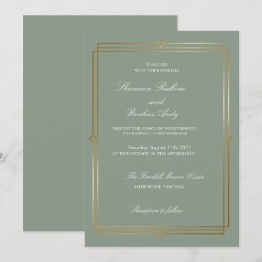 Moderne Script Elegante Saliegroen & Goud Trouw Kaart (Voorkant / Achterkant)