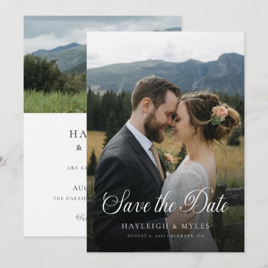 Moderne Script Elegante Trouwfoto 2 Save The Date (Voorkant / Achterkant)