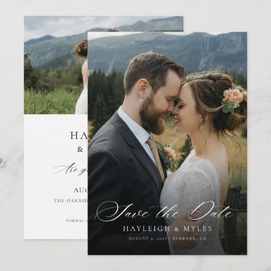 Moderne Script Elegante Trouwfoto 2 Save The Date (Voorkant / Achterkant)