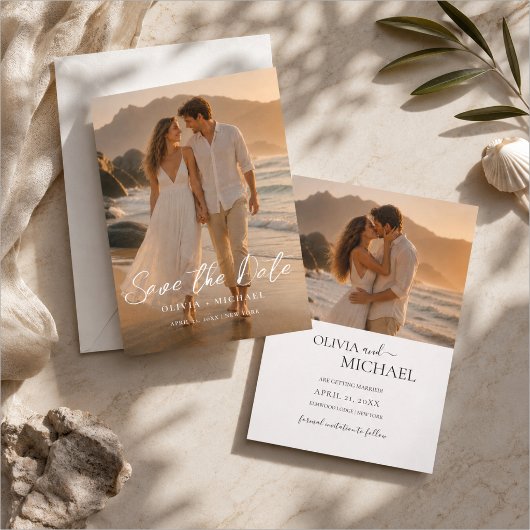 Moderne Script Elegante Trouwfoto Save The Date Kaart