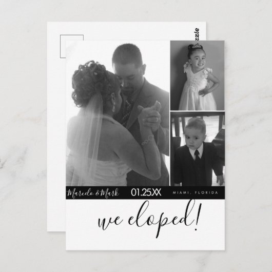 Moderne Script Eloped Black White Photo Collage  Briefkaart (Voorkant / Achterkant)