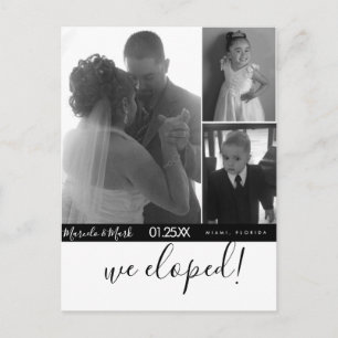 Moderne Script Eloped Black White Photo Collage  Briefkaart