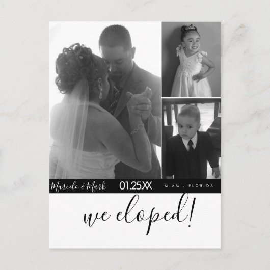 Moderne Script Eloped Black White Photo Collage  Briefkaart (Voorkant)