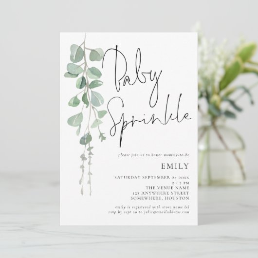 Moderne Script Eucalyptus Baby Sprinkle Invitation Kaart (Staand voorkant)