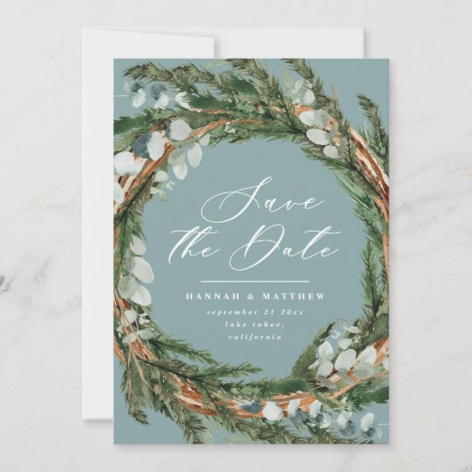 Moderne script eucalyptus elegant bruiloft save the date (Voorkant)