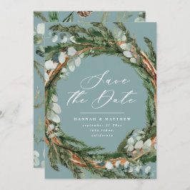 Moderne script eucalyptus elegant bruiloft save the date