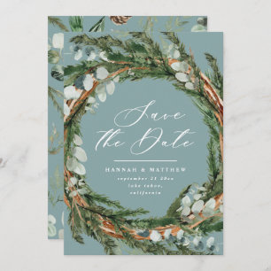 Moderne script eucalyptus elegant bruiloft save the date