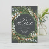 Moderne script eucalyptus elegant bruiloft save the date (Staand voorkant)