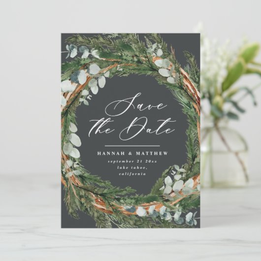 Moderne script eucalyptus elegant bruiloft save the date (Staand voorkant)