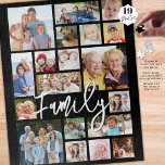 Moderne Script FAMILIE 19 Fotocollage Aangepaste k Legpuzzel<br><div class="desc">Creëer uw eigen moderne foto herinneringen puzzel met behulp van deze eenvoudig te uploaden foto collage sjabloon met 19 afbeeldingen in verschillende vormen en maten en jouw naam of aangepaste titel (getoond met FAMILIE) in chique handgeschreven script typografie. WIJZIGINGEN: Wijzig de zwarte achtergrondkleur en/of de stijl, grootte, kleur of plaatsing...</div>