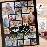 Moderne Script FAMILIE 19 Fotocollage Aangepaste k Legpuzzel<br><div class="desc">Creëer uw eigen moderne foto herinneringen puzzel met behulp van deze eenvoudig te uploaden foto collage sjabloon met 19 afbeeldingen in verschillende vormen en maten en jouw naam of aangepaste titel (getoond met FAMILIE) in chique handgeschreven script typografie. WIJZIGINGEN: Wijzig de zwarte achtergrondkleur en/of de stijl, grootte, kleur of plaatsing...</div>