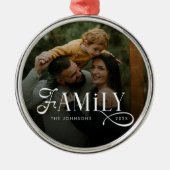 Moderne Script Familie Aangepaste Foto Naam Metalen Ornament (Voorkant)
