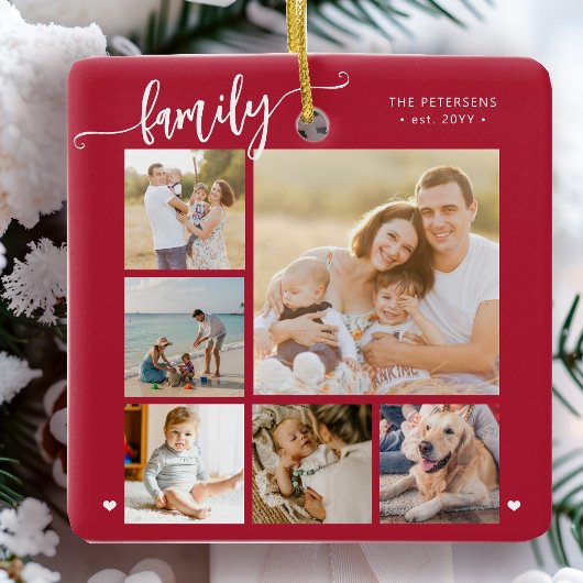 Moderne script familie foto collage rood keramisch ornament