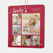 Moderne script familie foto collage rood keramisch ornament (Links)