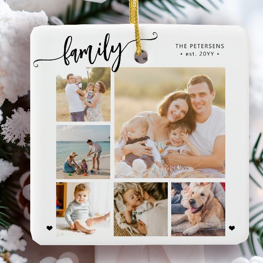 Moderne script familie foto collage wit keramisch ornament
