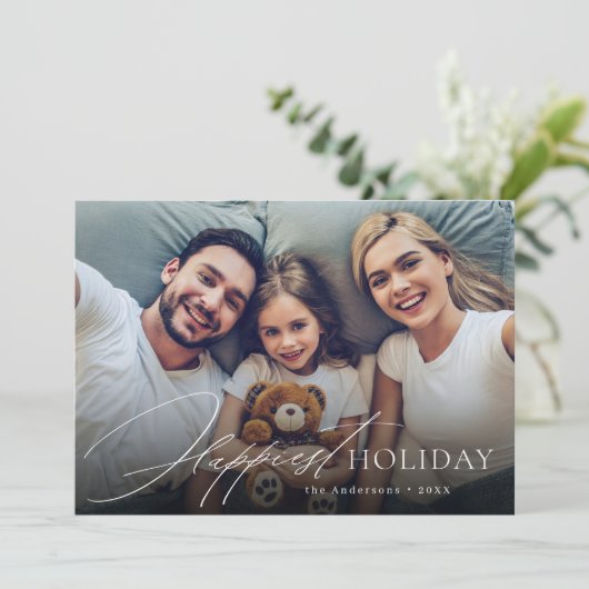Moderne Script Familie Foto Gelukkig Vakantiekaart Feestdagenkaart (Staand voorkant)