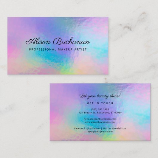 Moderne Script Faux Holographic Makeup Artist Visitekaartje (Voorkant / Achterkant)