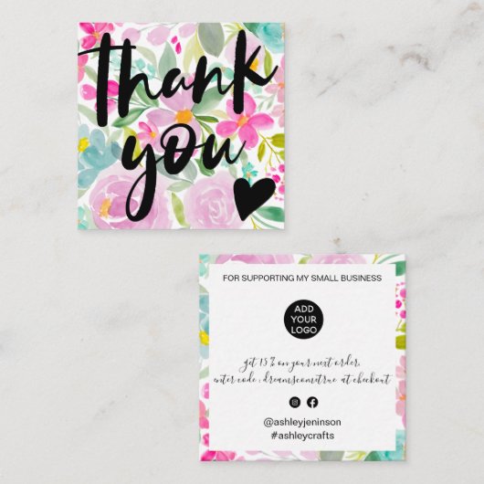 Moderne script florroze bedankt vierkante visitekaartje (Voorkant / Achterkant)